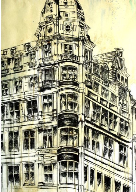 Ink drawing of a European building facade