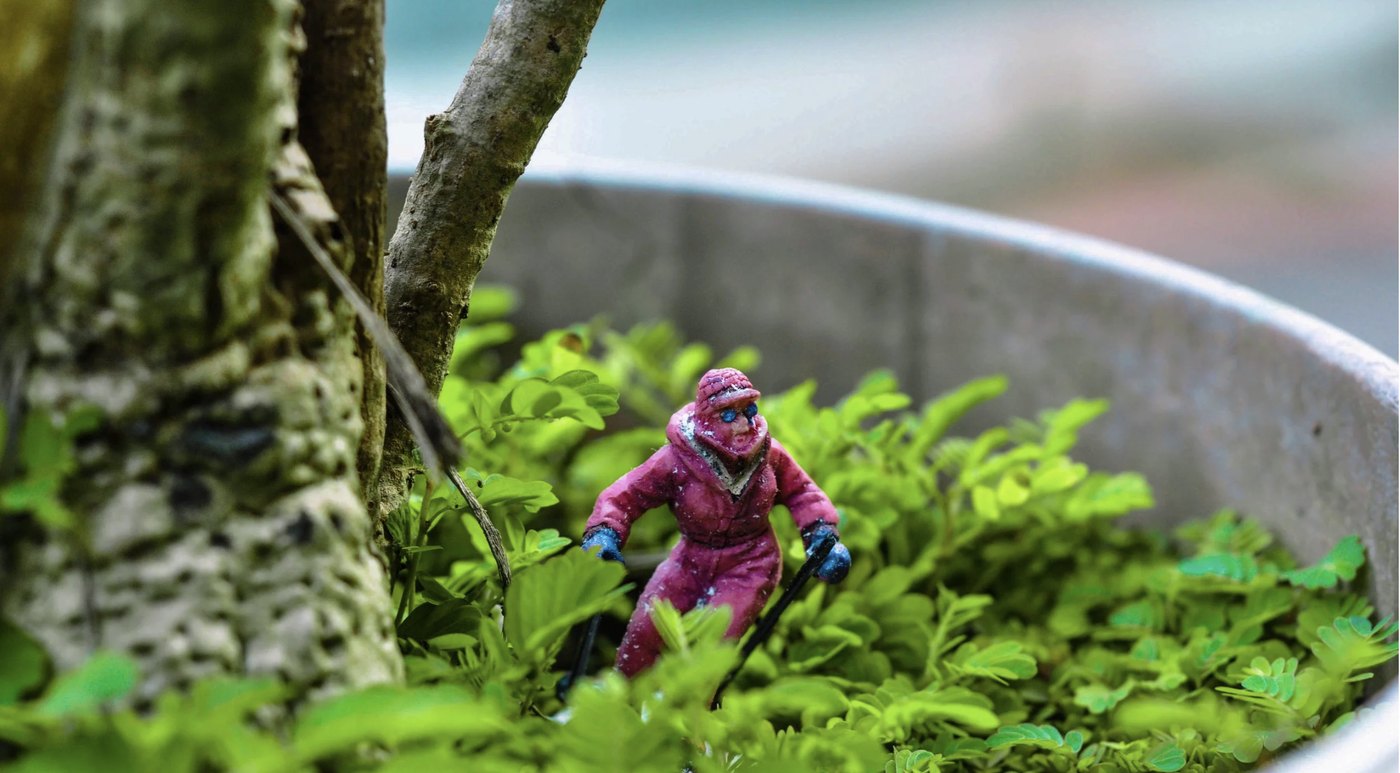 Miniature skier among green leaves