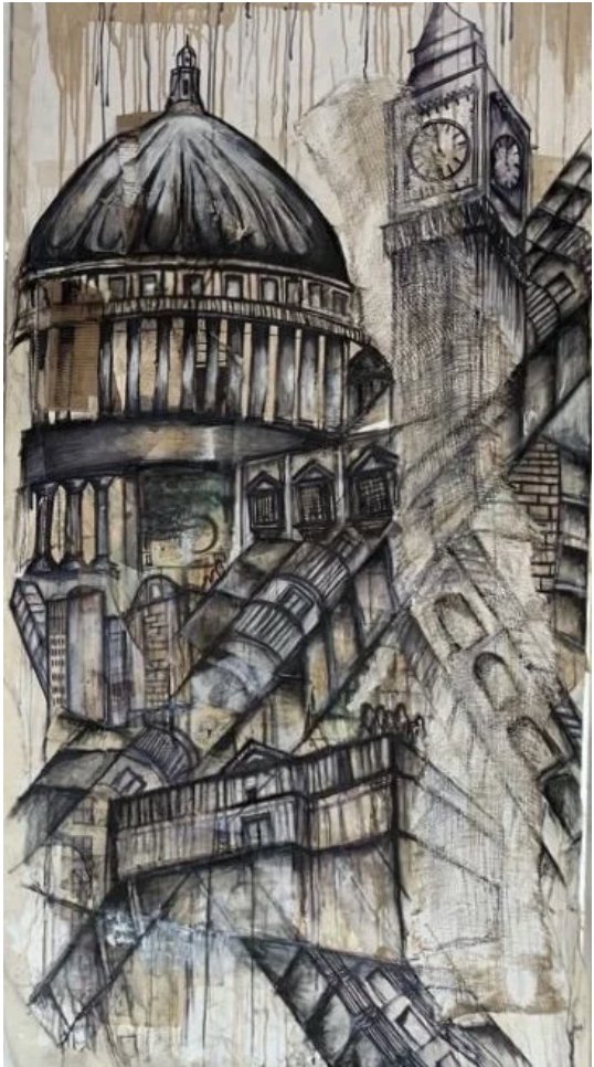 Painting of London landmarks on cardboard