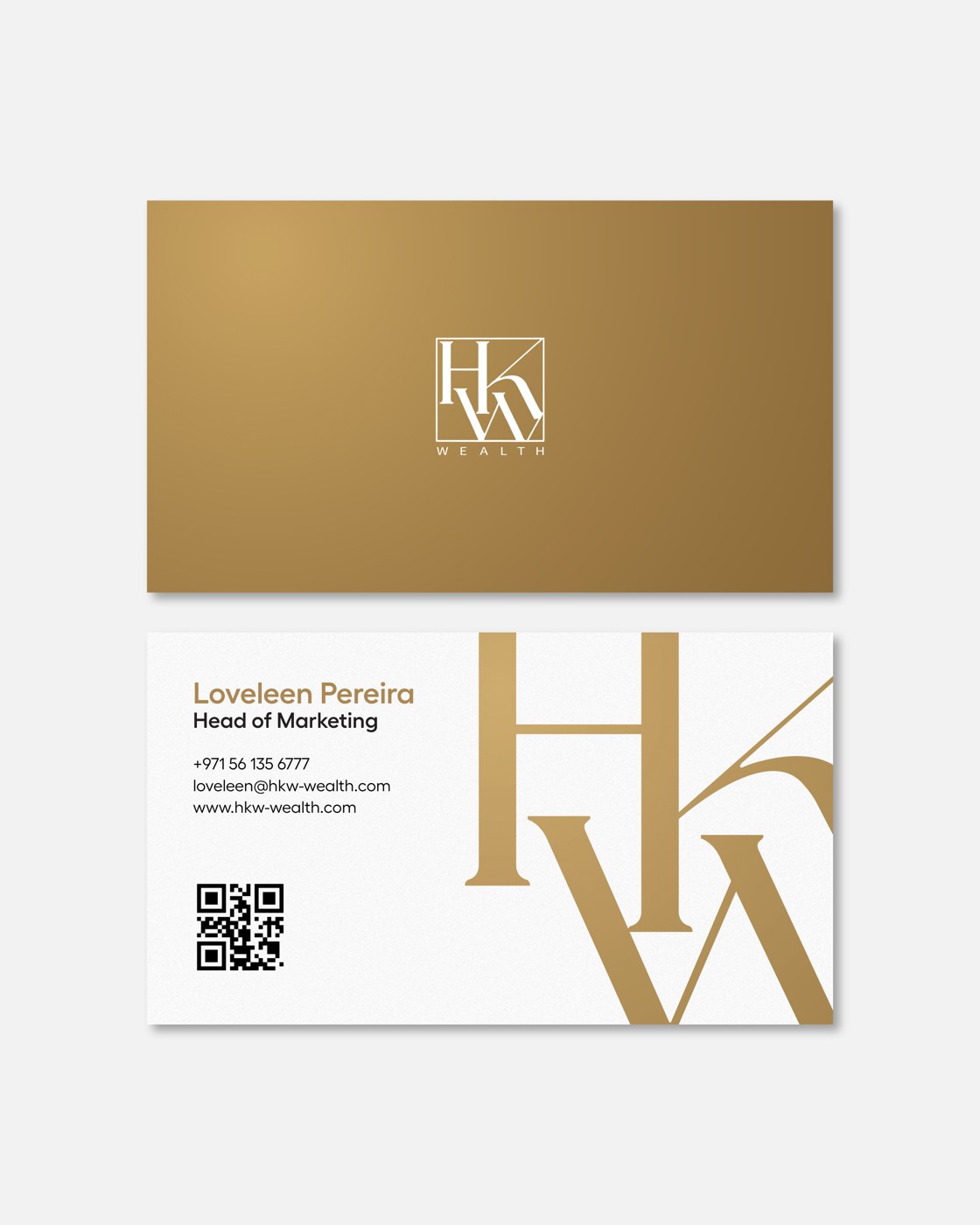 HKW Wealth business cards, front in gold and reverse in white, for Loveleen Pereira, Head of Marketing