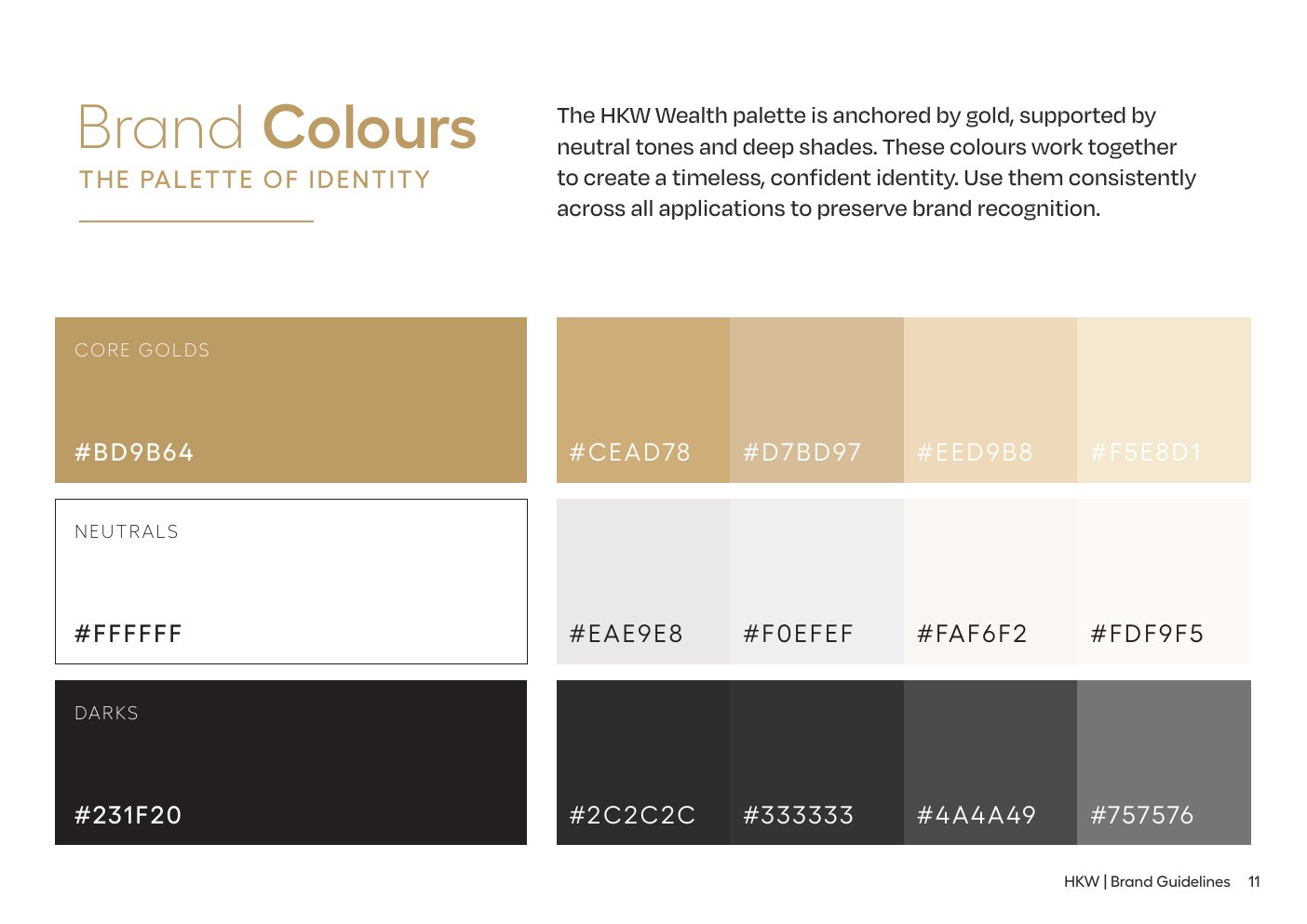Brand colours: gold, neutrals and charcoal