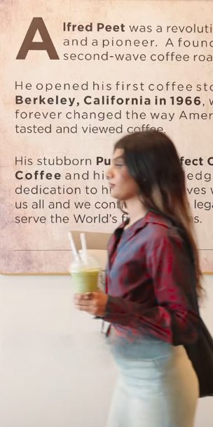 Loveleen walking through Peet&rsquo;s Coffee with a matcha