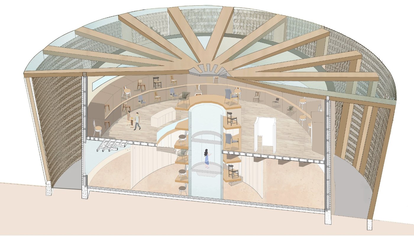 Cutaway drawing of a circular chair hall