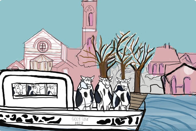 Digital illustration of cows on a canal boat