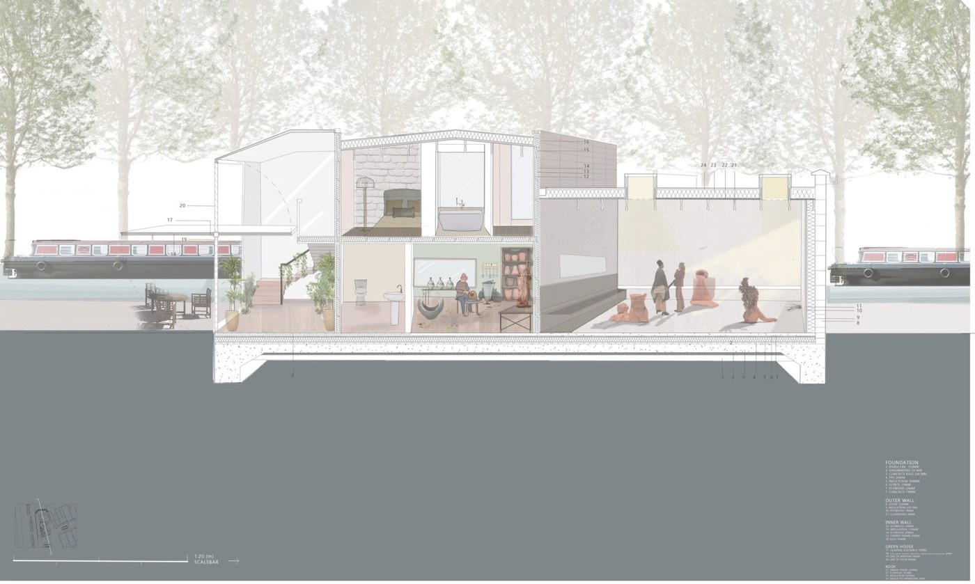 Section drawing of a canal-side ceramics studio