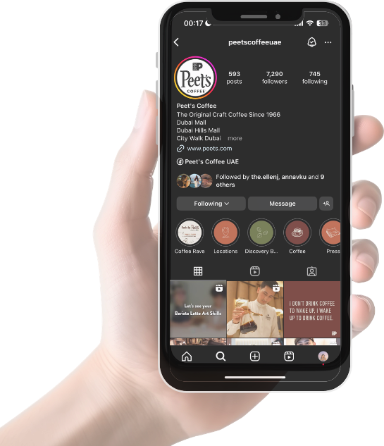 The Peet&rsquo;s Coffee UAE Instagram profile on a phone